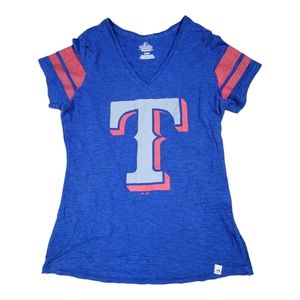 Used MAJESTIC TEXAS RANGERS WOMENS BLUE CHECK THE TAPE V-NECK T-SHIRT
